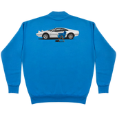 SEATING IN A BLUE DESIGN CREWNECK